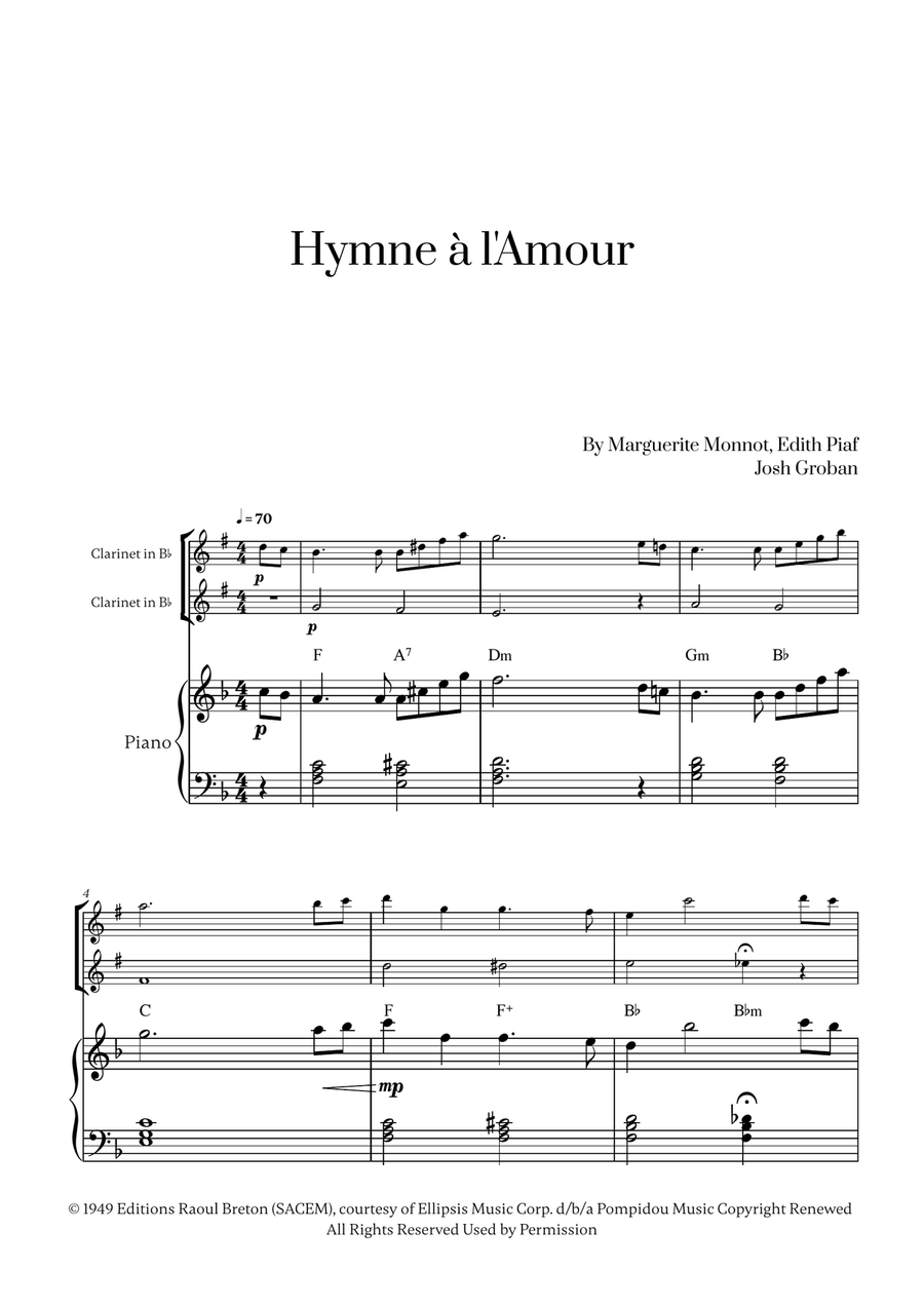 Hymne A L'amour Clarinet Duet scores gallery preview page 1