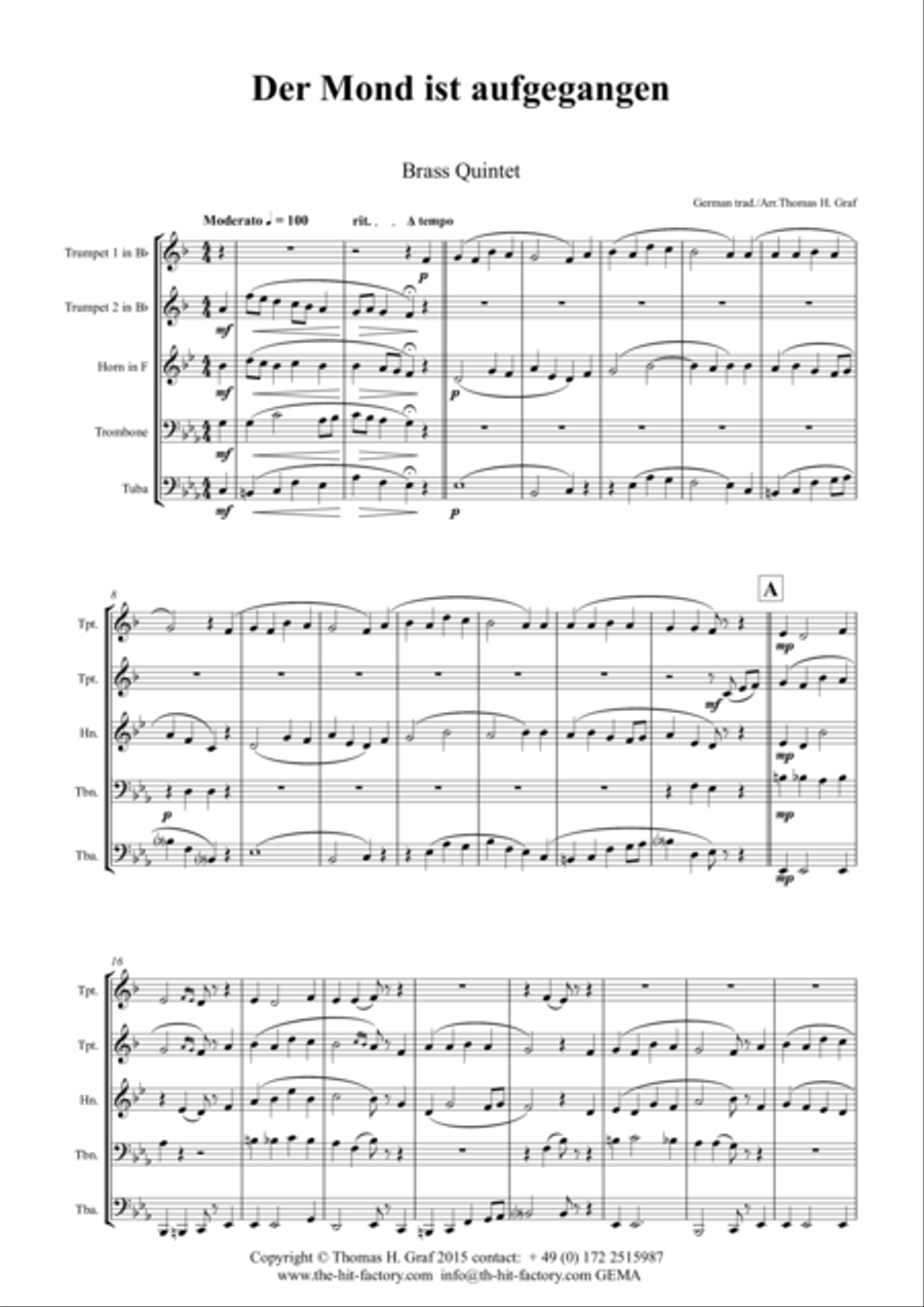 Der Mond ist aufgegangen - German Folk Song - Brass Quintet Brass Quintet scores gallery preview page 1