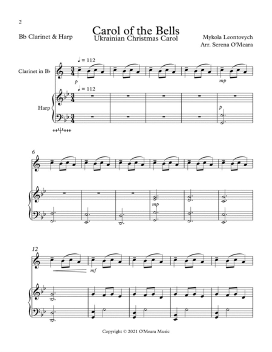 Carol of the Bells, Duet for Bb Clarinet and Pedal Harp B-Flat Clarinet scores gallery preview page 2