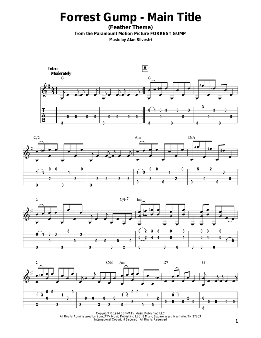 Forrest Gump - Main Title (Feather Theme) Guitar Solo scores gallery preview page 1