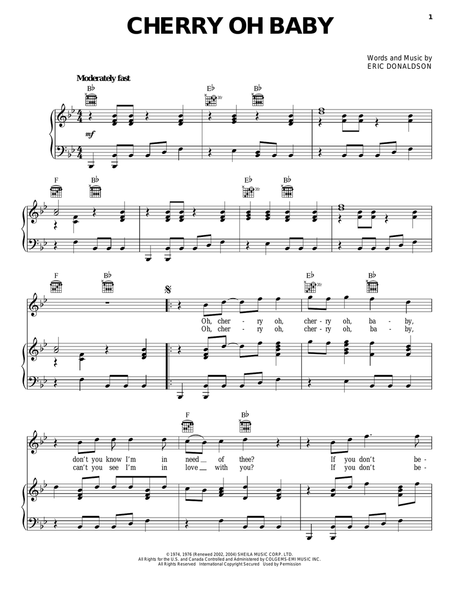 Cherry Oh Baby Cherry Oh Baby Piano, Vocal, Guitar scores gallery preview page 1