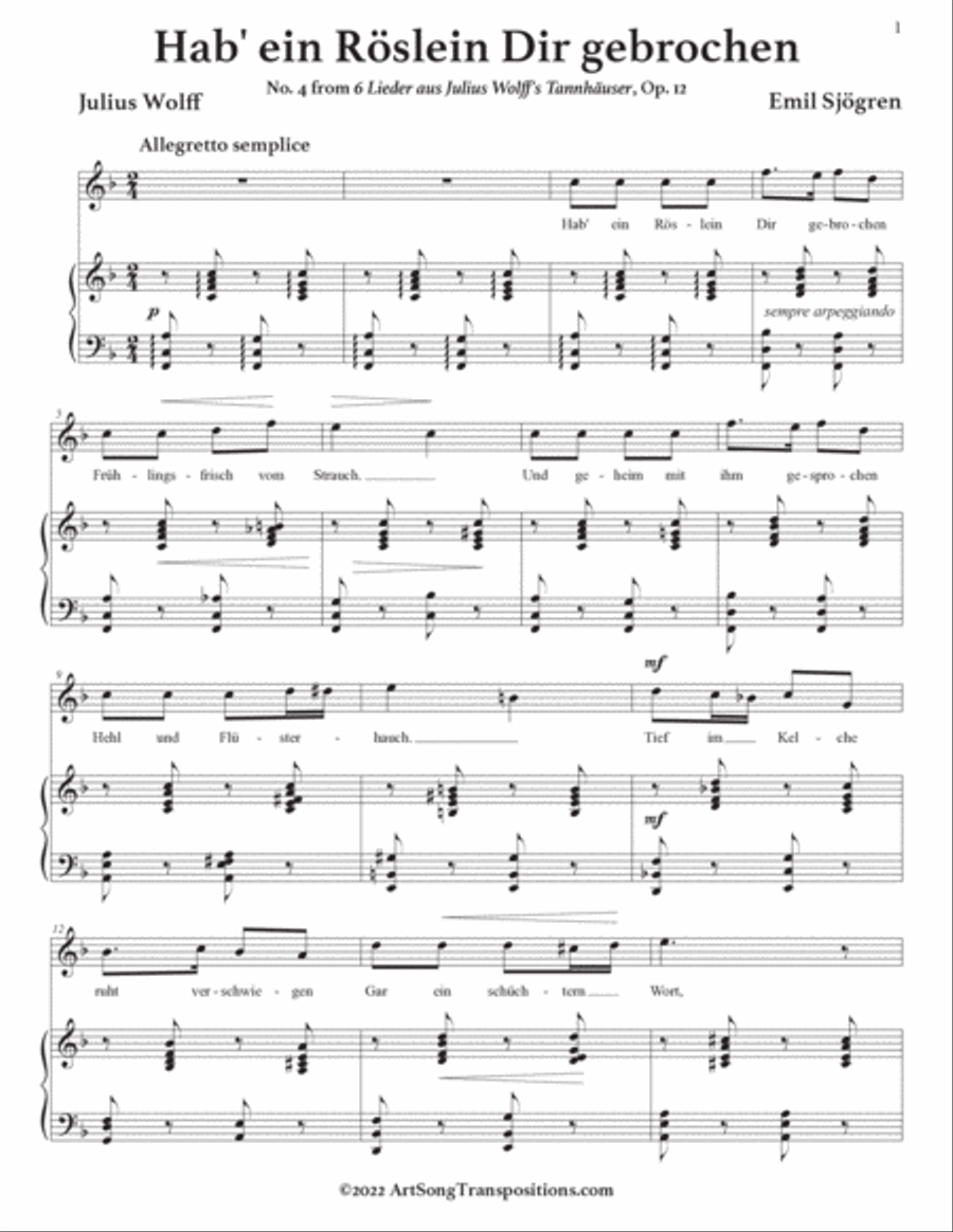 SJÖGREN: Hab’ ein Röslein Dir gebrochen, Op. 12 no. 4 (transposed to F major) Voice scores gallery preview page 2