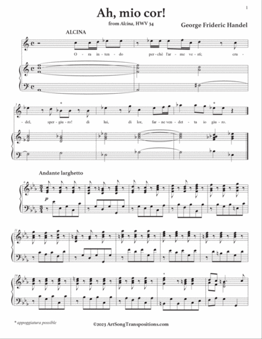 HANDEL: Ah, mio cor! (transposed to C minor) Voice scores gallery preview page 2