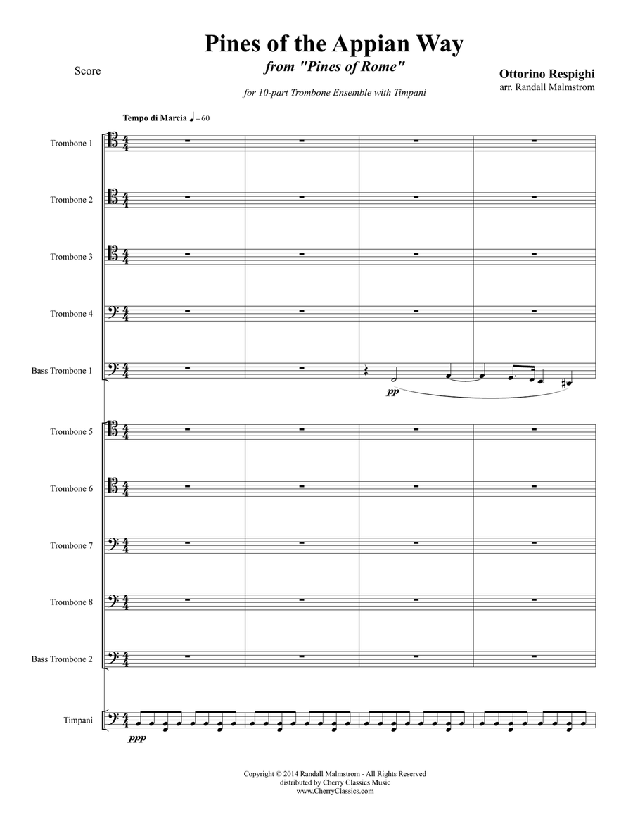 Pines of the Appian Way from Pines of Rome for 10 Trombones & Timpani Large Ensemble scores gallery preview page 1