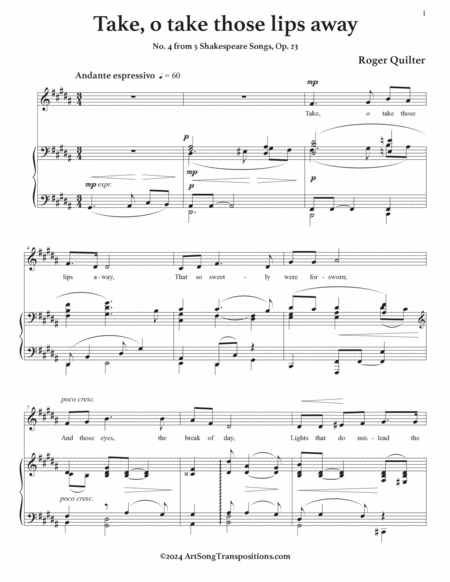 QUILTER: Take, o take those lips away, Op. 23 no. 4 (transposed to B major)