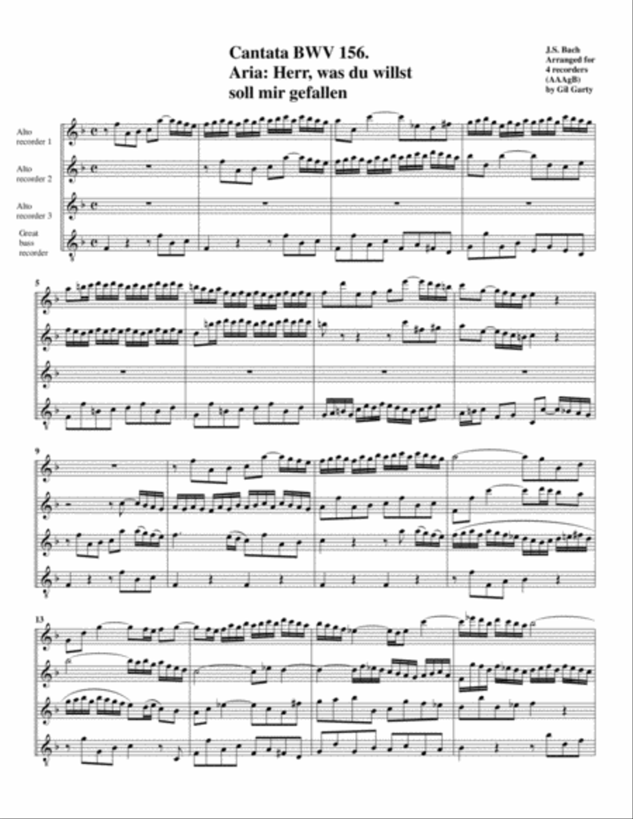 Herr, was du willst soll mir gefallen from cantata BWV 156 (arrangement for 4 recorders) Recorder scores gallery preview page 1