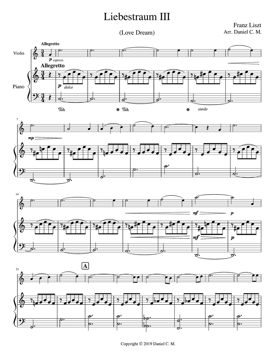 Liebestraum for violin and piano (easy) Violin Solo scores gallery preview page 1