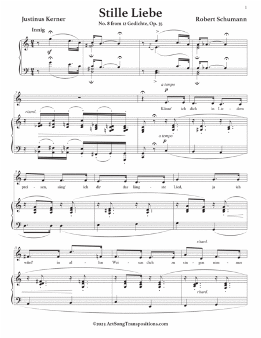 SCHUMANN: Stille Liebe, Op. 35 no. 8 (transposed to C major, B major, and B-flat major) Voice scores gallery preview page 2