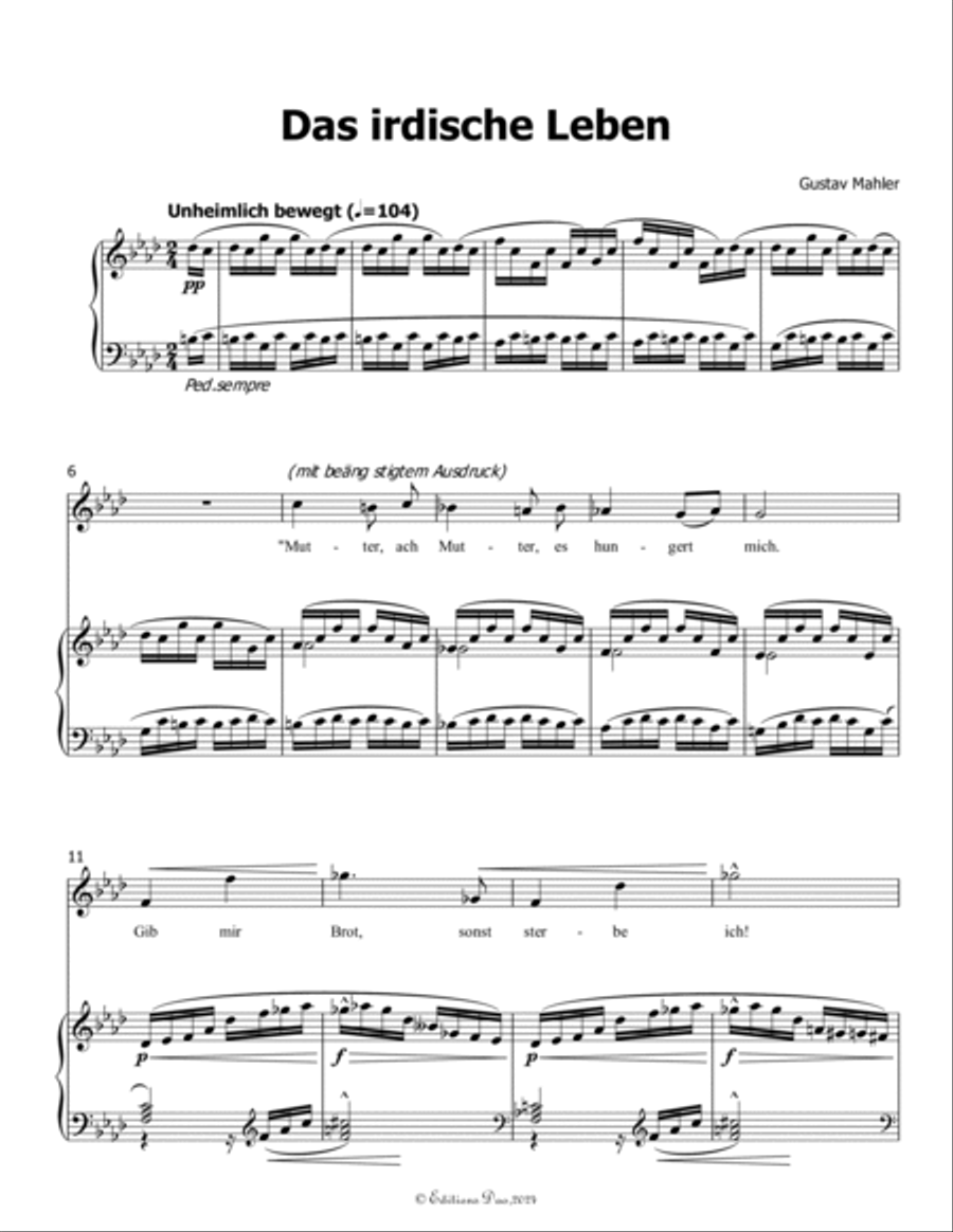 Das irdische Leben, by Mahler, in A flat Major Piano, Vocal scores gallery preview page 3