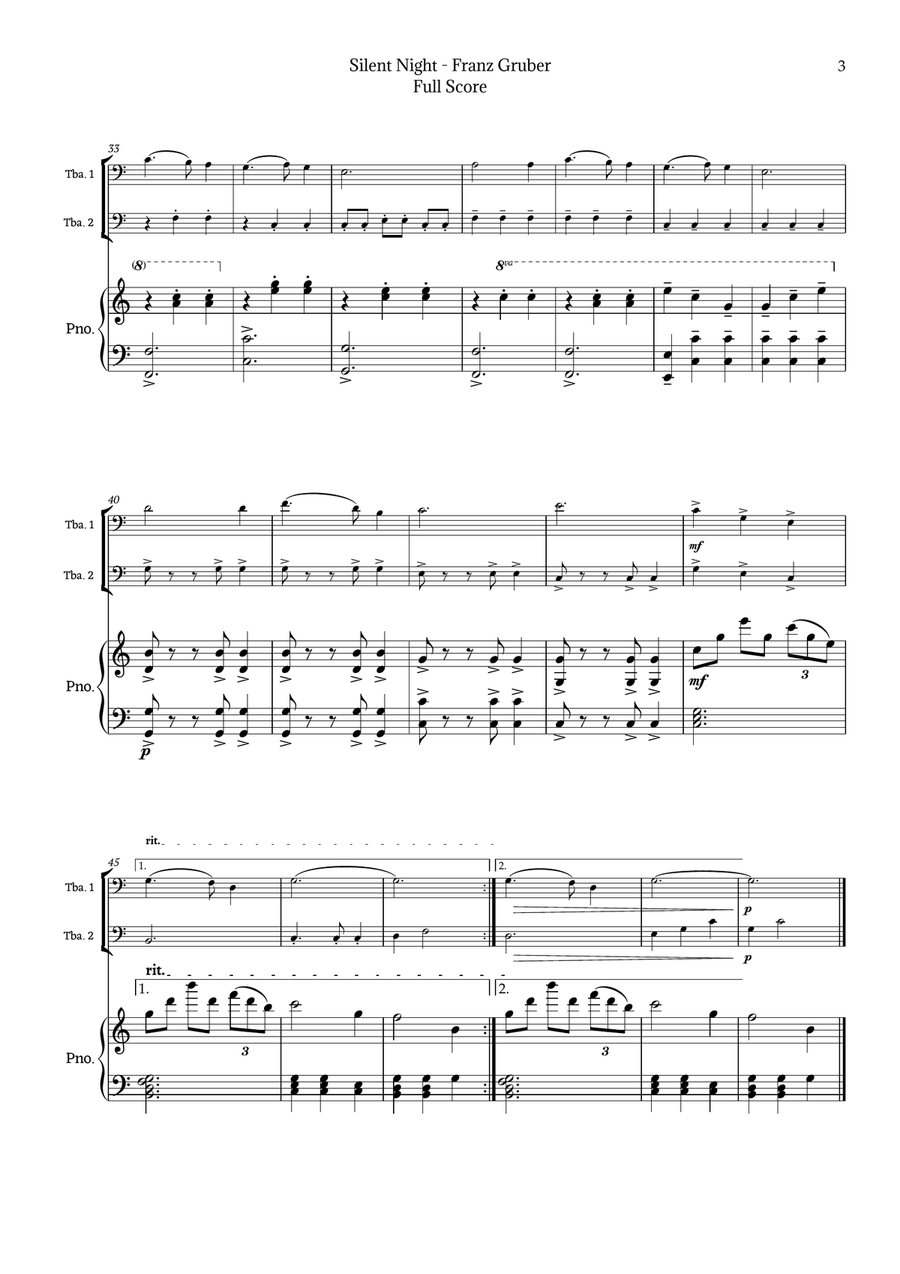 Silent Night for Tuba Duet with Piano Brass Duet scores gallery preview page 3