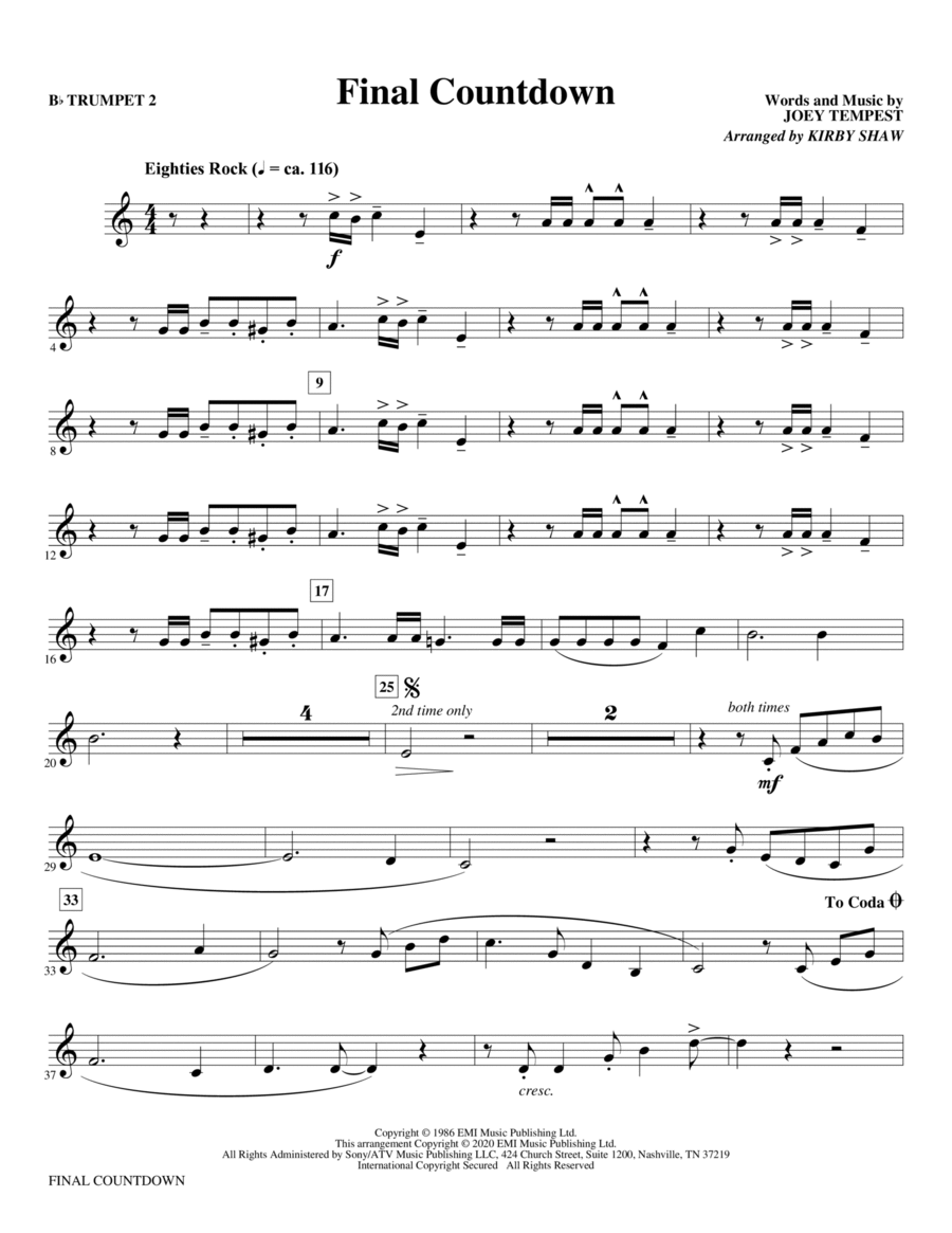 Final Countdown (arr. Kirby Shaw) - Bb Trumpet 2 Choir scores gallery preview page 1