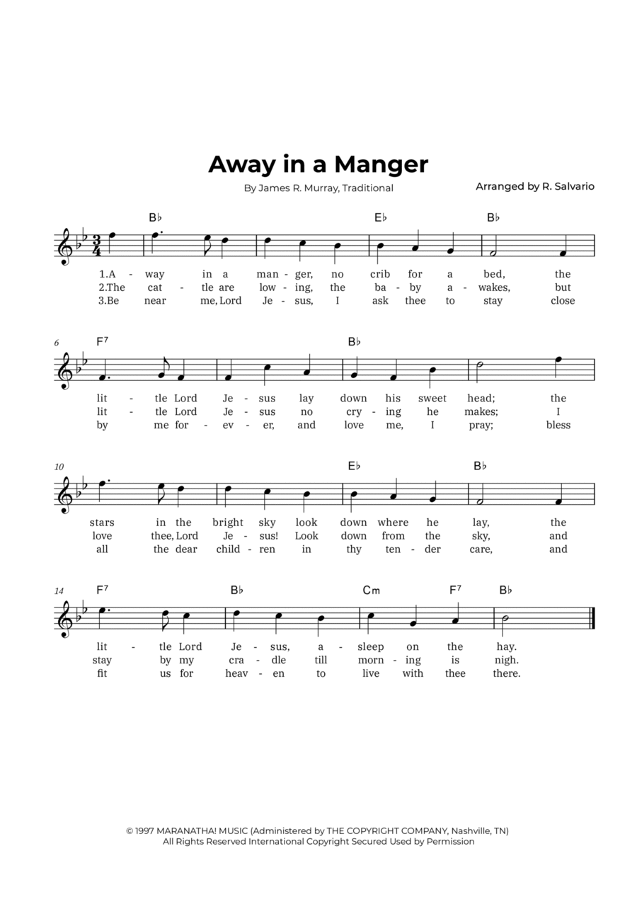 Away in a Manger (Key of B-Flat Major) Easy Piano scores gallery preview page 1