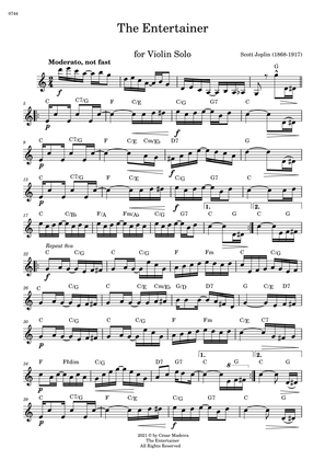 The Entertainer by Joplin - Violin Solo - W/Chords (Full Score)