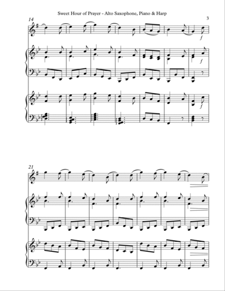 Sweet Hour of Prayer, Trio for Eb Alto Saxophone, Piano & Harp Alto Saxophone scores gallery preview page 3