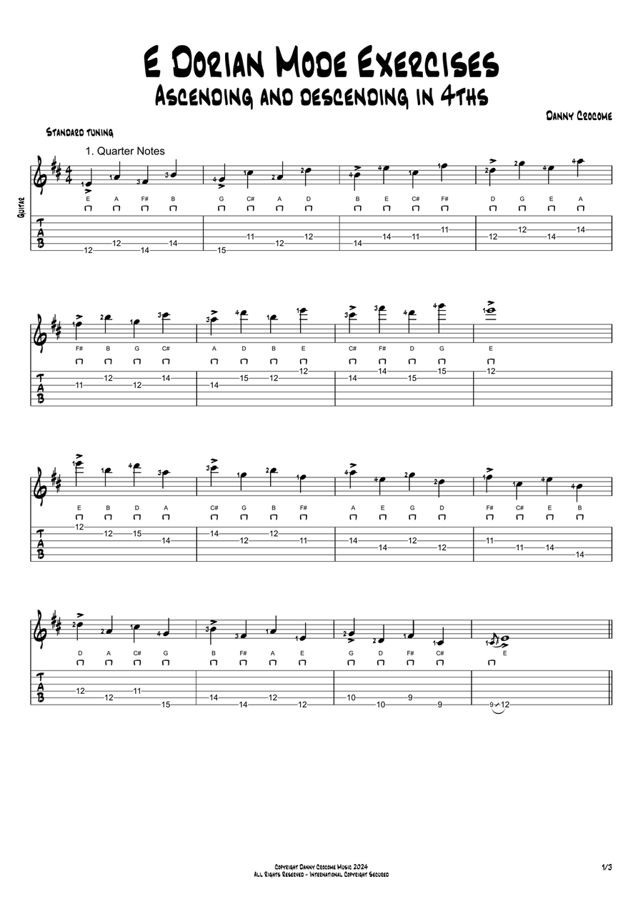 E Dorian Mode Exercises - Ascending and Descending in 4ths Acoustic Guitar scores gallery preview page 1