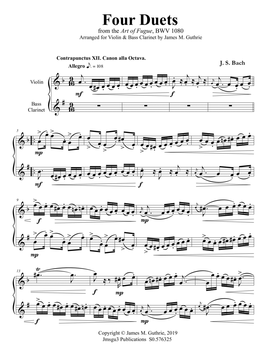 Bach: Four Duets from the Art of Fugue for Violin & Bass Clarinet Bass Clarinet scores gallery preview page 1