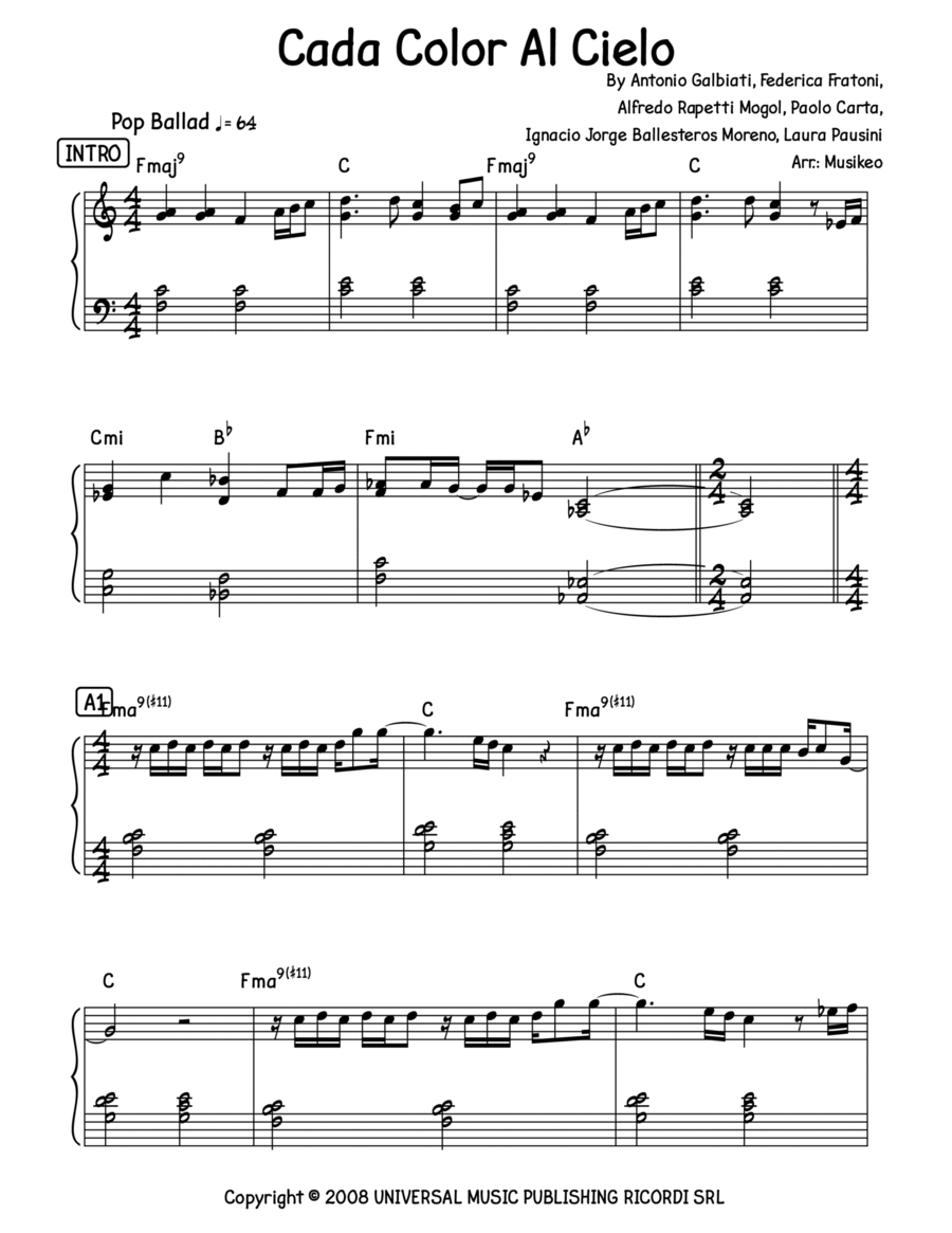 Cada Color Al Cielo Easy Piano scores gallery preview page 1
