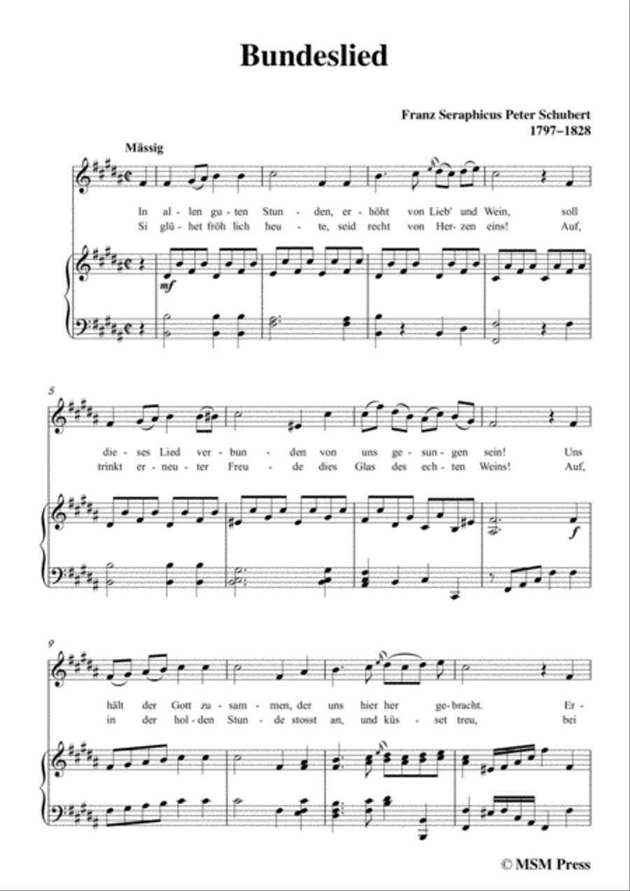 Schubert-Bundeslied,in B Major,for Voice&Piano Voice scores gallery preview page 3