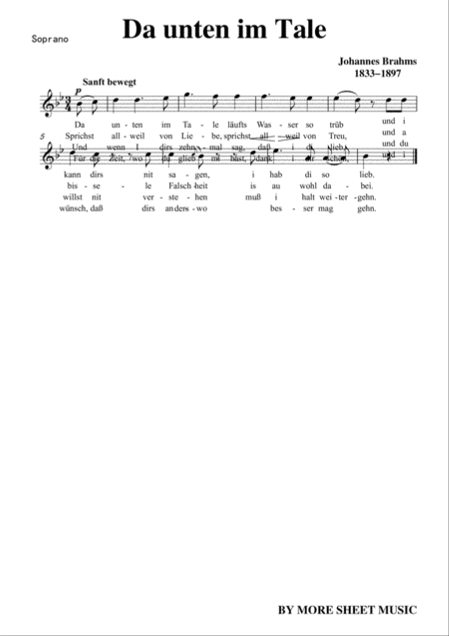 Brahms-Da unten im Tale,WoO 35 No.5,in B flat Major,from '12 Deutsche Volkslieder,WoO 35',for A capp Bassoon scores gallery preview page 4