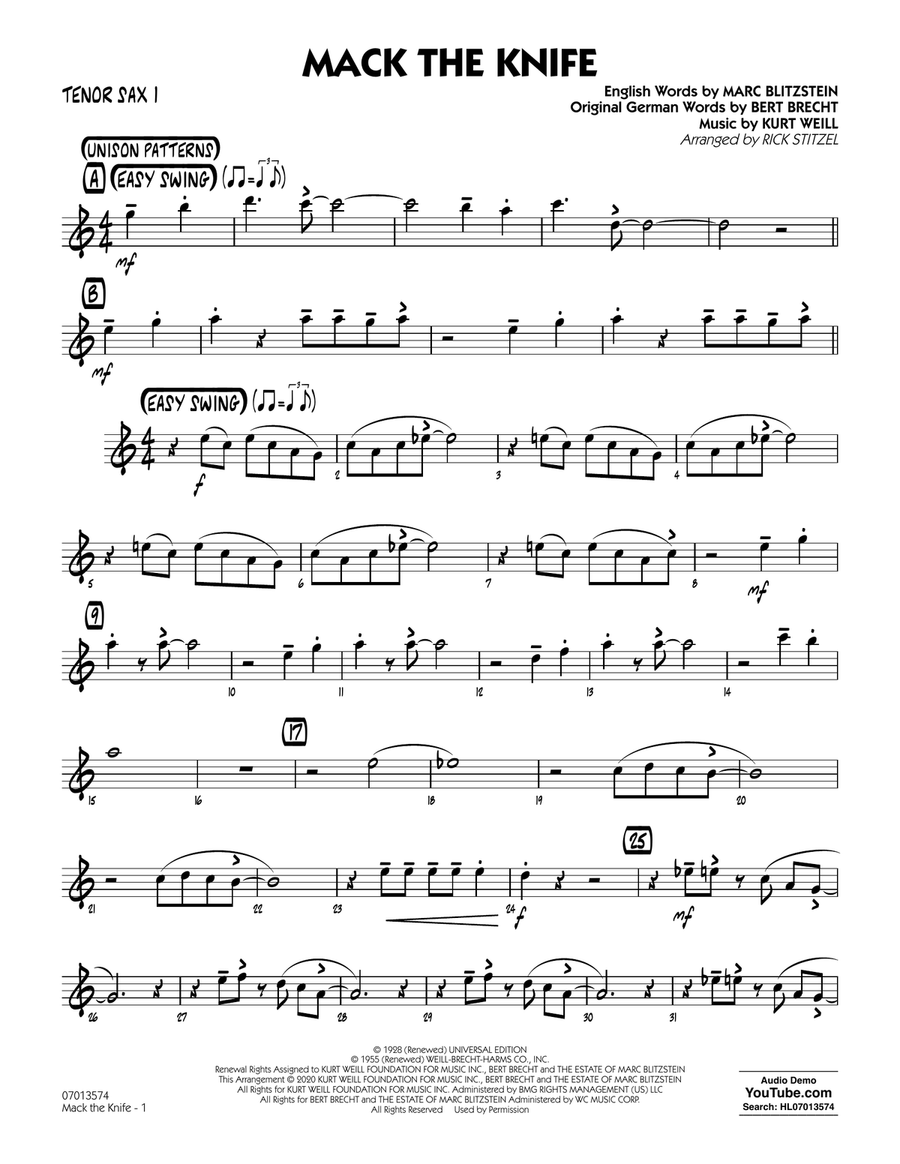 Mack The Knife (arr. Rick Stitzel) - Tenor Sax 1