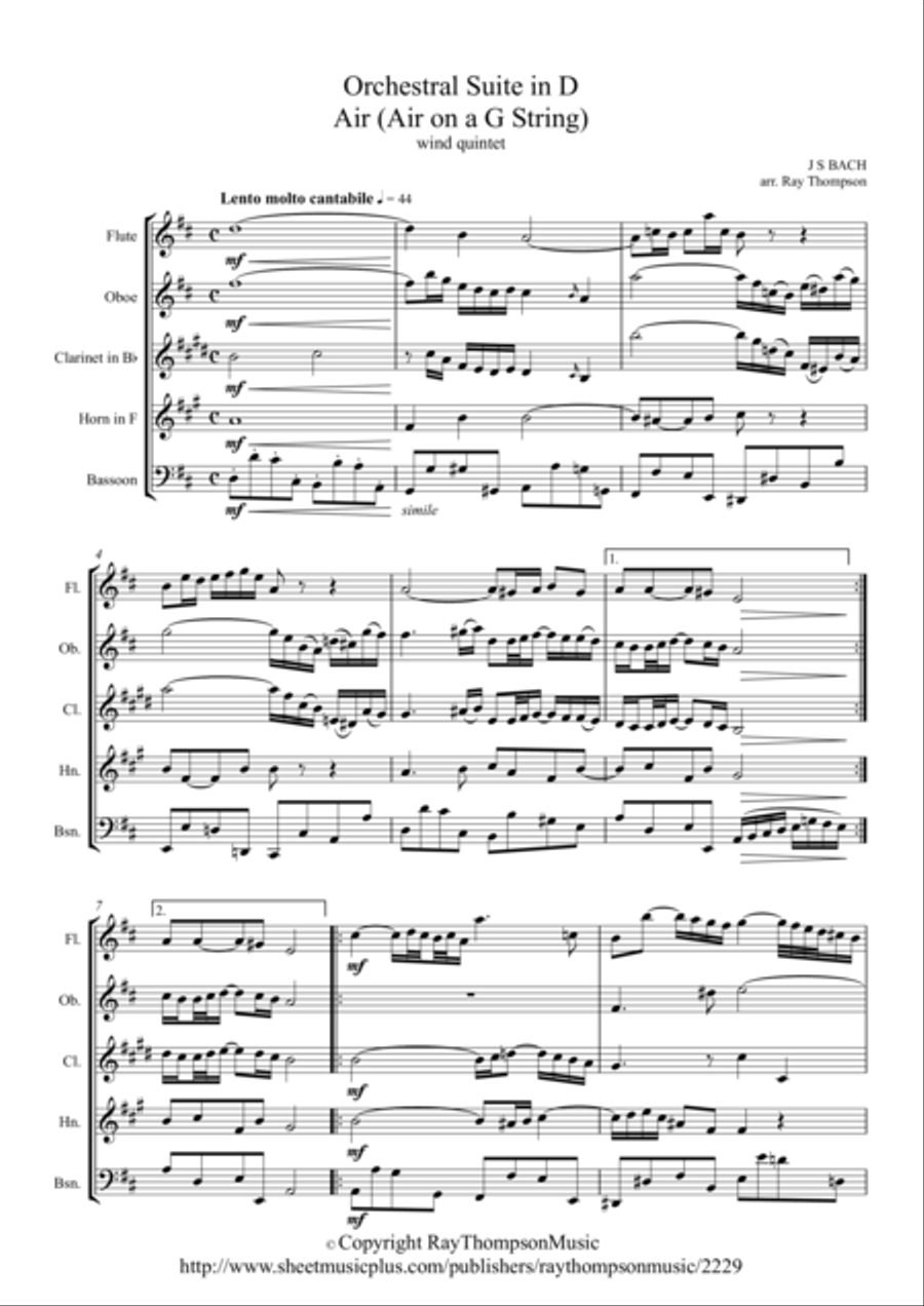 Bach: Orchestral Suite in D : Air (on a G string) - wind quintet Woodwind Quintet scores gallery preview page 1