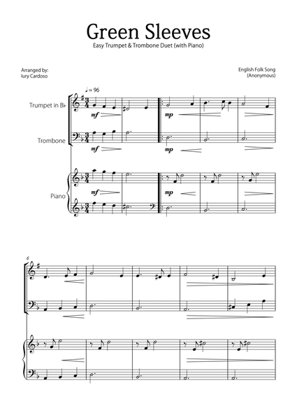 "Green Sleeves" - Beautiful easy version for TRUMPET & TROMBONE DUET with PIANO image number null