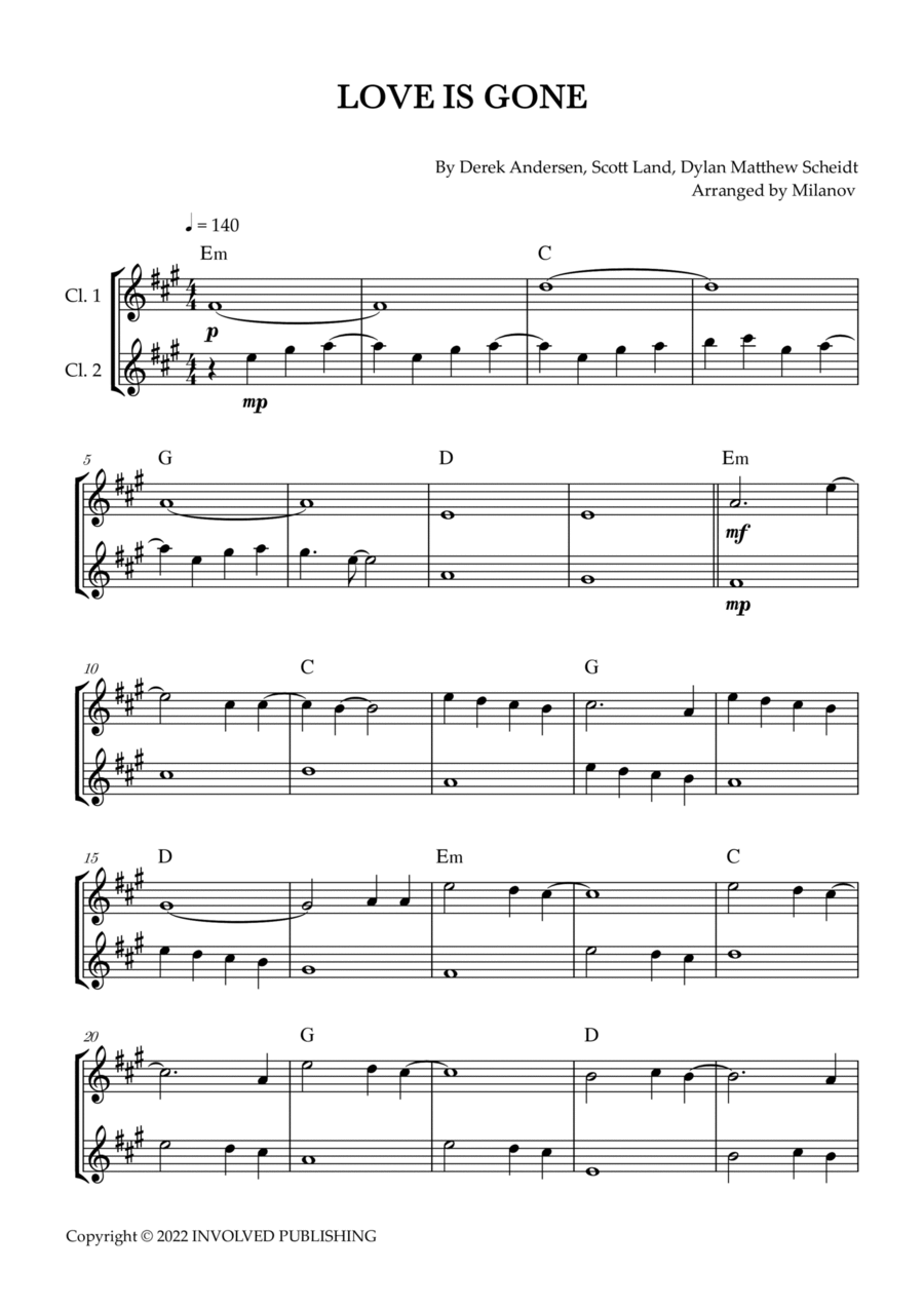 Love Is Gone Clarinet Duet scores gallery preview page 1