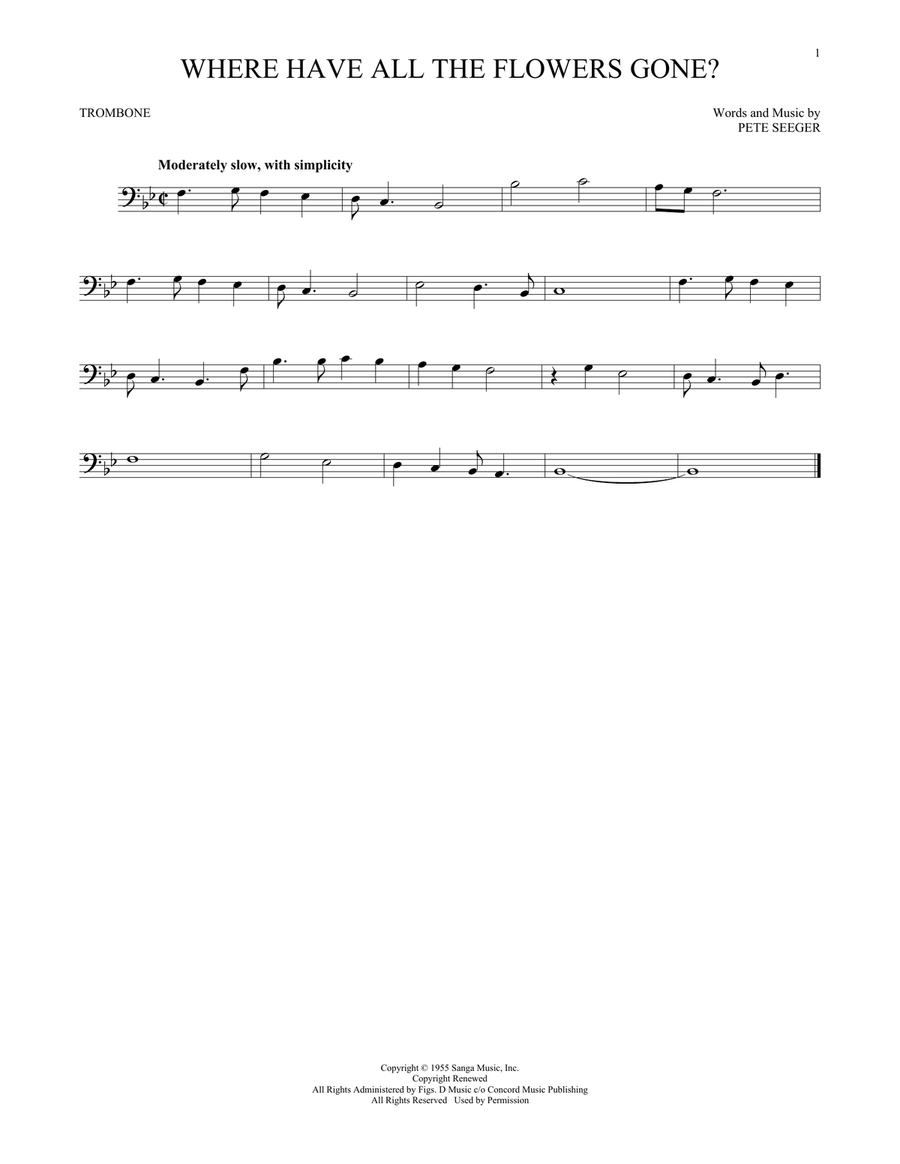 Where Have All The Flowers Gone? Trombone Solo scores gallery preview page 1