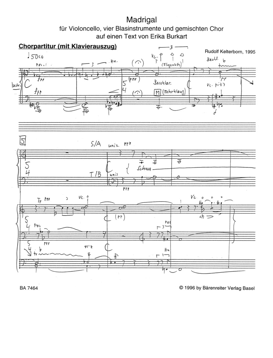 Madrigal for Violoncello, four Wind Instruments and Mixed Choir 4-Part scores gallery preview page 1