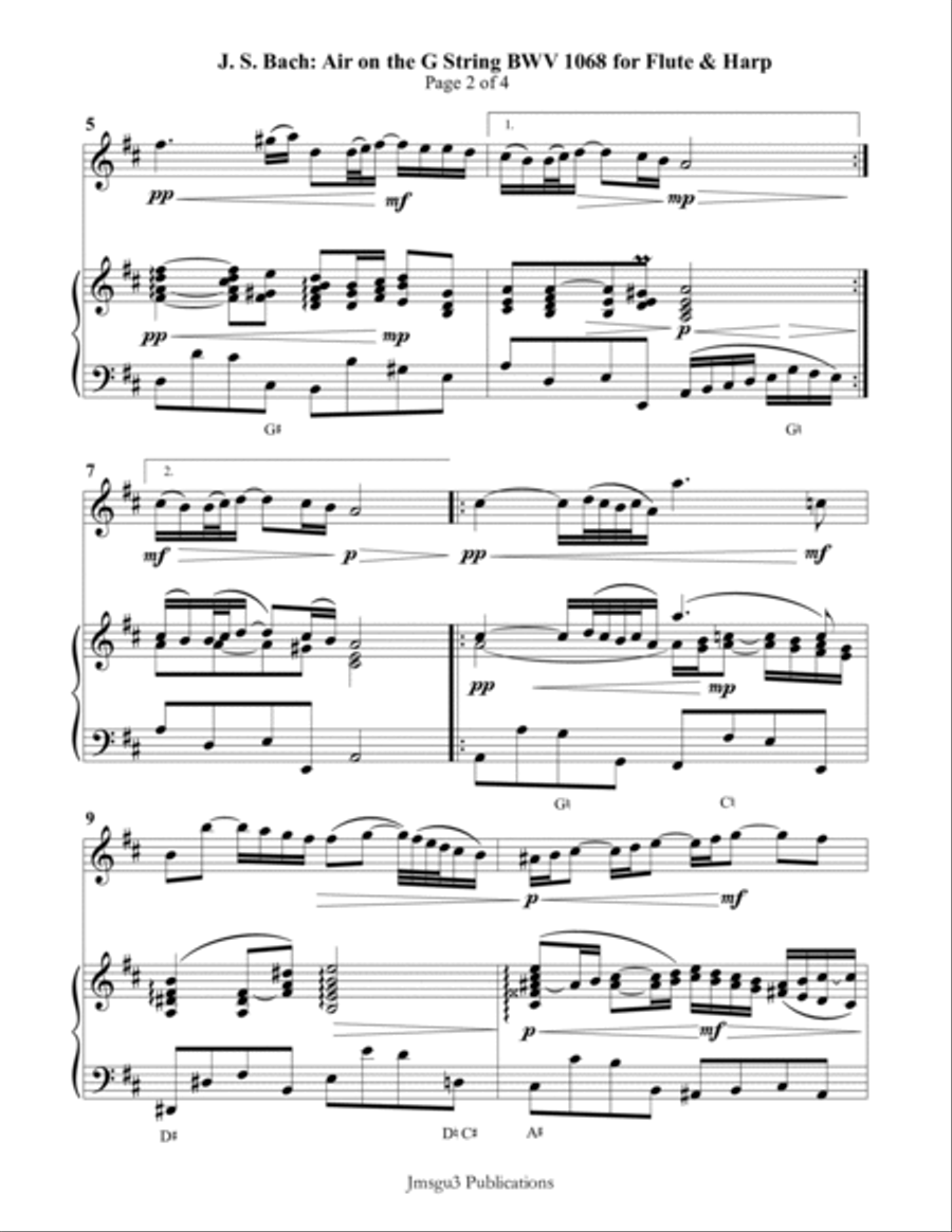 Bach: Air on a G String for Flute & Harp Flute scores gallery preview page 2