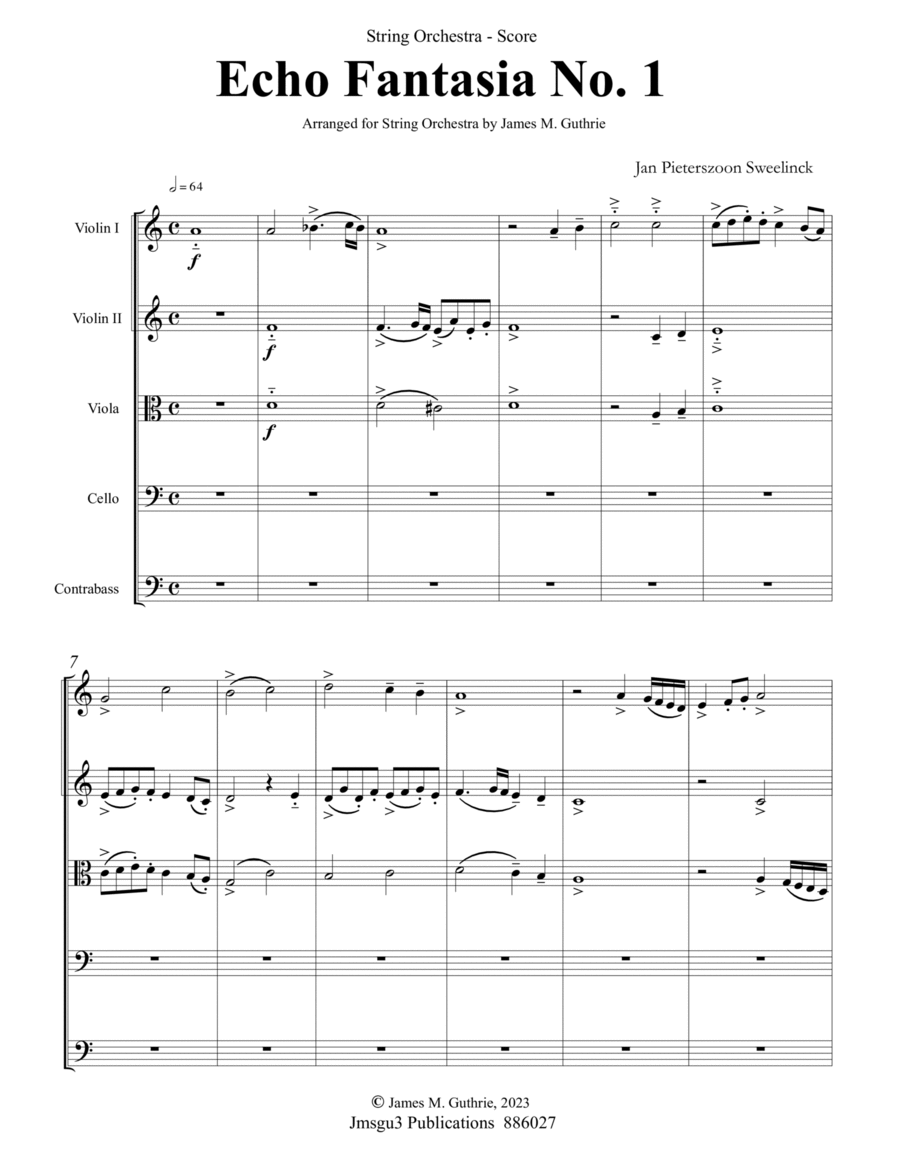 Sweelinck: Six Echo Fantasias Complete for String Orchestra - Score Only image number null