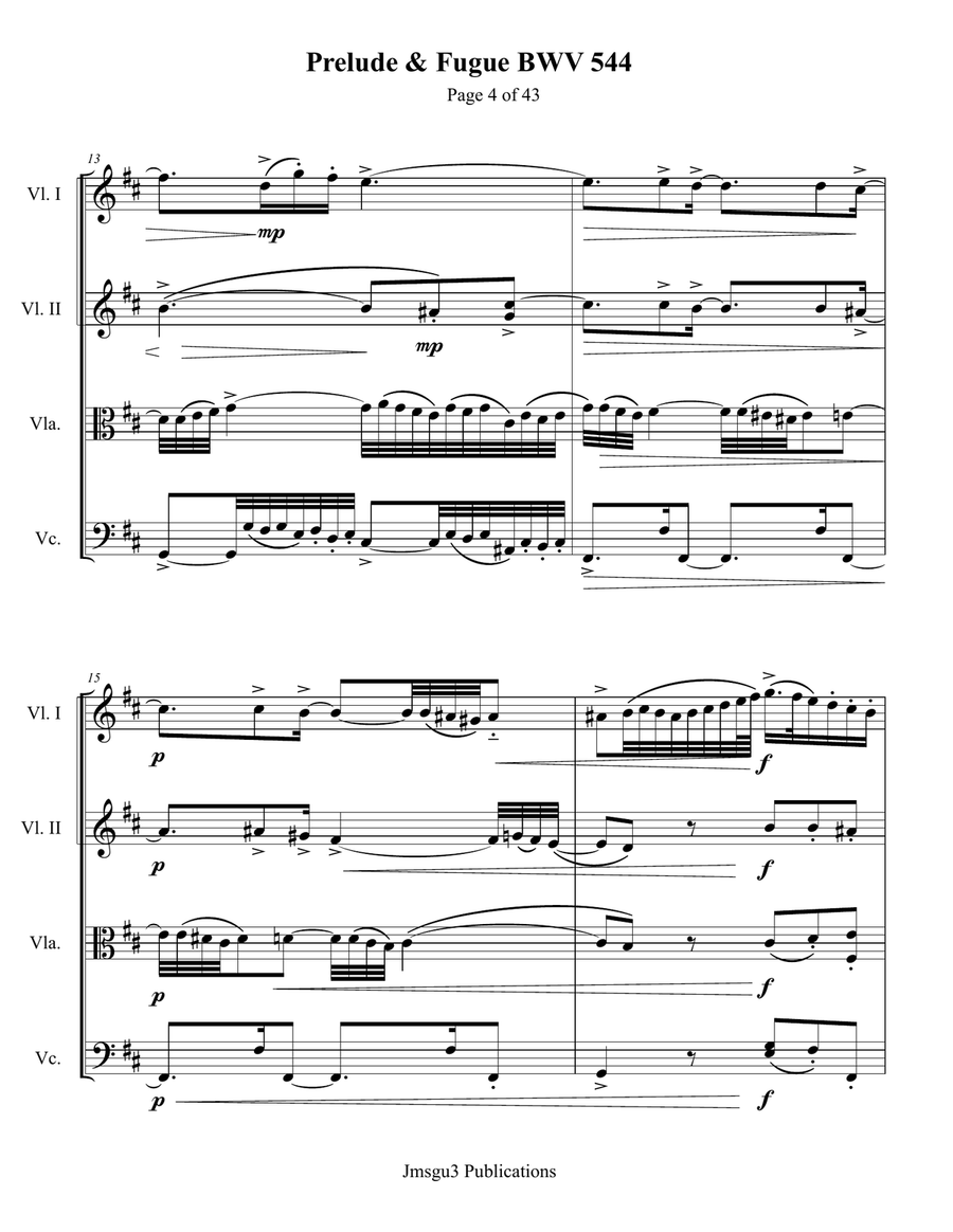Bach: Prelude & Fugue in B Minor BWV 544 for String Quartet String Quartet scores gallery preview page 4