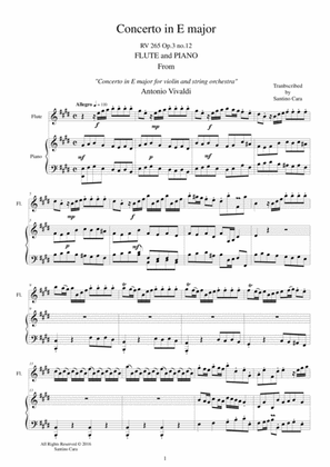 Book cover for Vivaldi - Concerto in E major RV 265 Op.3 No.2 for Flute and Piano