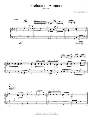 Book cover for Prelude In A Minor, BWV 931