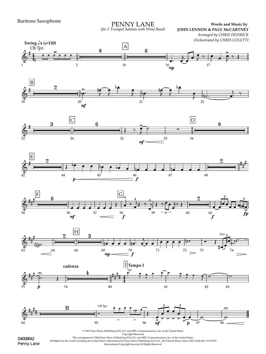 Penny Lane - Eb Baritone Saxophone Concert Band scores gallery preview page 1