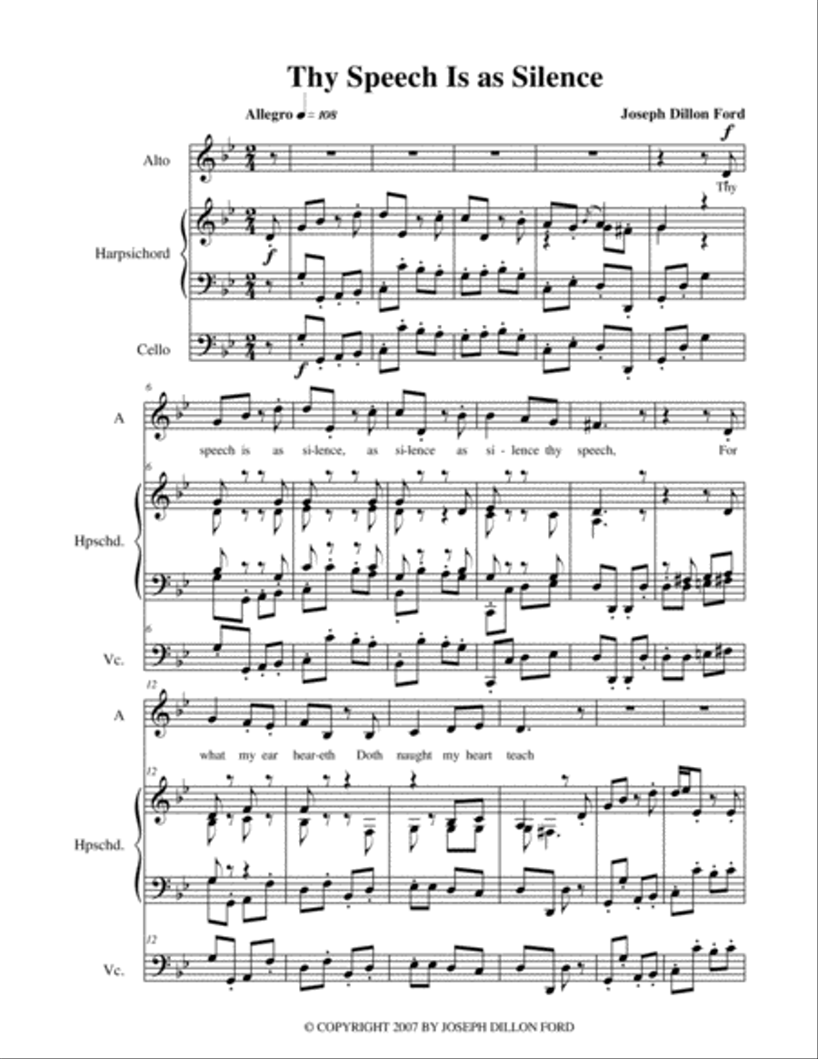 Thy Speech is as silence for alto voice, harpsichord and cello Small Ensemble scores gallery preview page 1