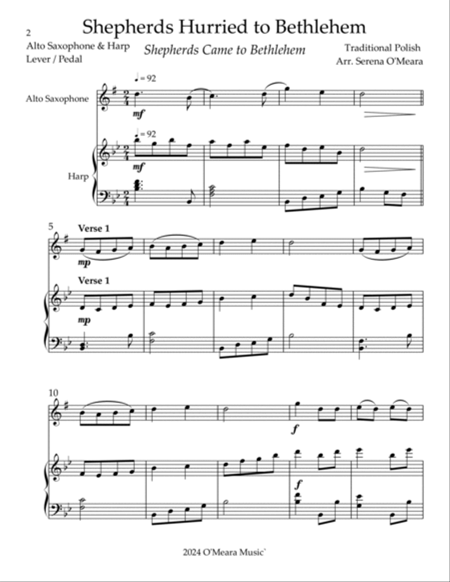 Shepherds Hurried to Bethlehem, Duet for Eb Alto Saxophone & Harp Alto Saxophone scores gallery preview page 2