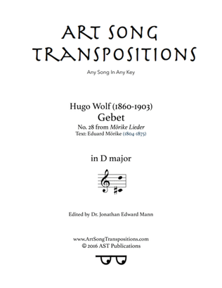 Book cover for WOLF: Gebet (transposed to D major)