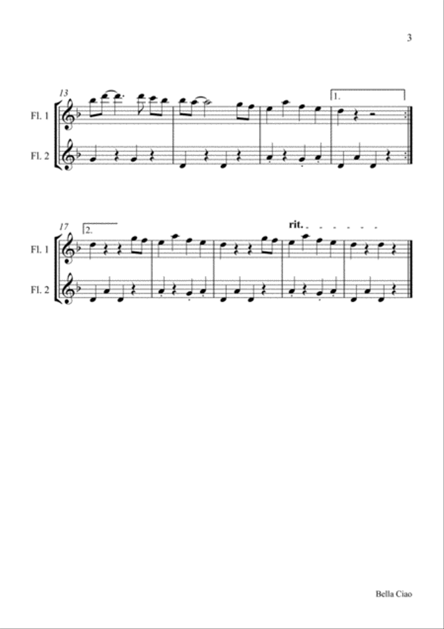 Bella Ciao for two Flutes Flute Duet scores gallery preview page 3