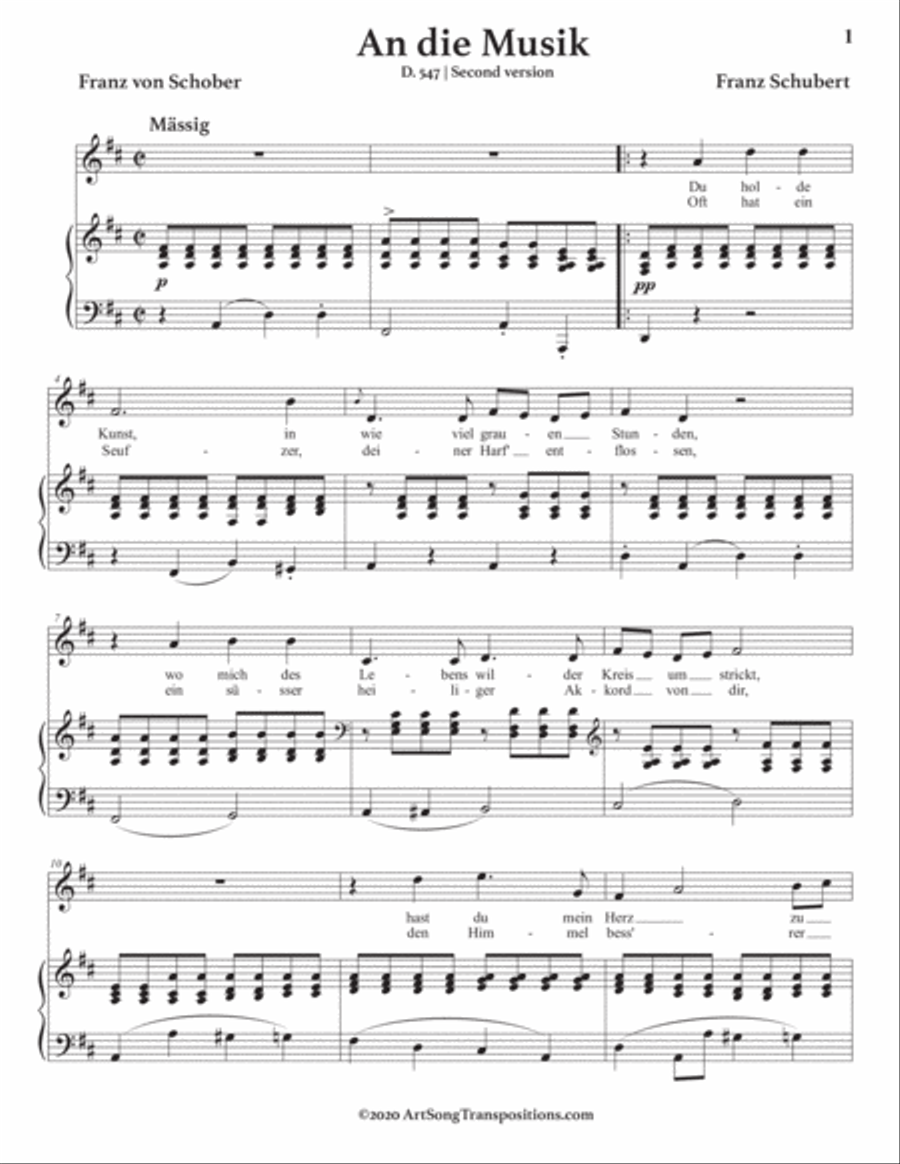SCHUBERT: An die Musik, D. 547 (transposed to D major) Voice scores gallery preview page 2