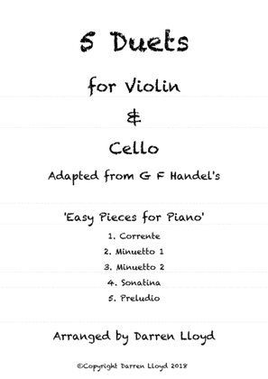 Book cover for 5 Duets for Violin & Cello. Adapted from G F Handel's 'Easy Pieces for Piano'