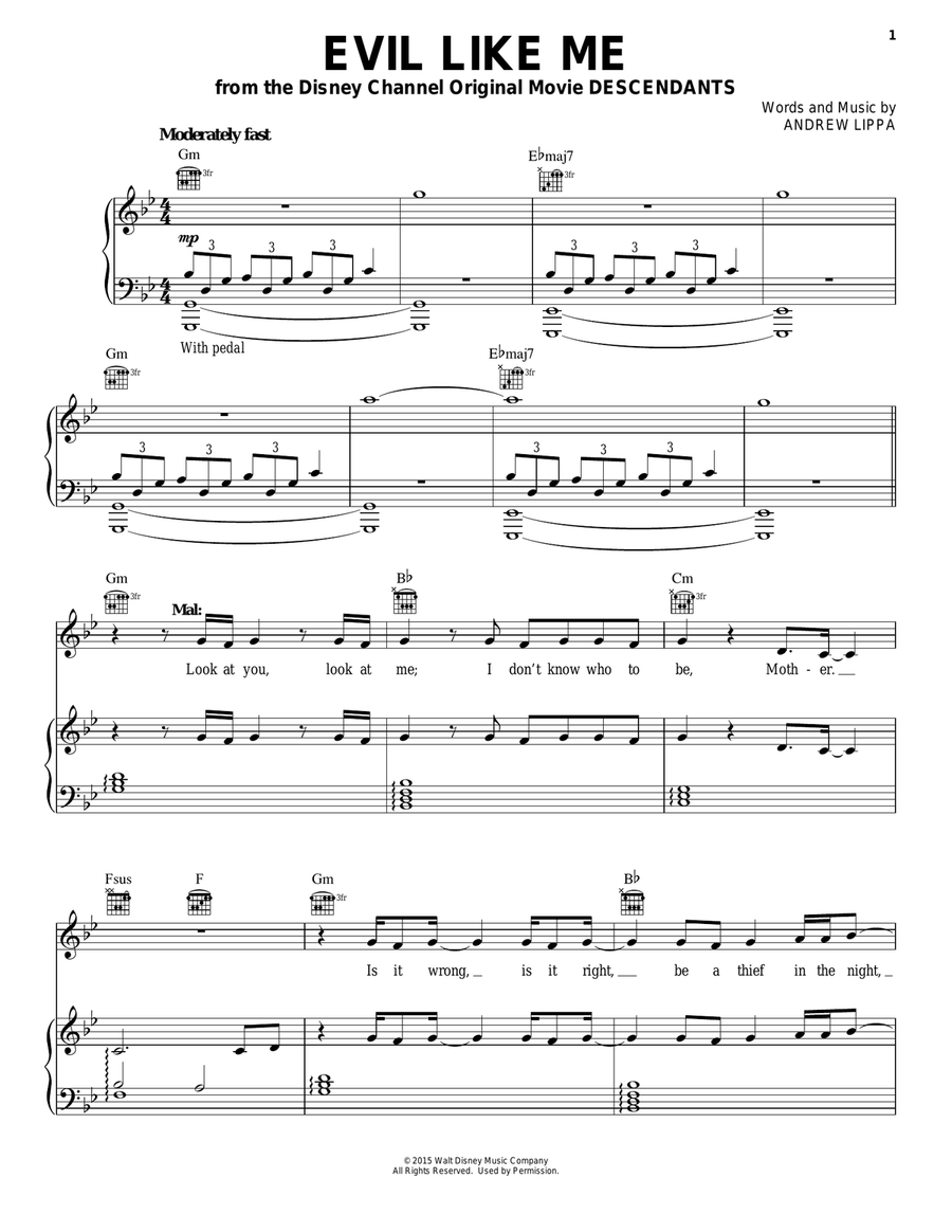 Evil Like Me (from Disney's Descendants) Piano, Vocal, Guitar scores gallery preview page 1
