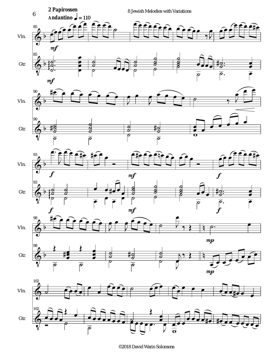 8 Jewish Melodies with Variations for violin and guitar String Duet scores gallery preview page 6