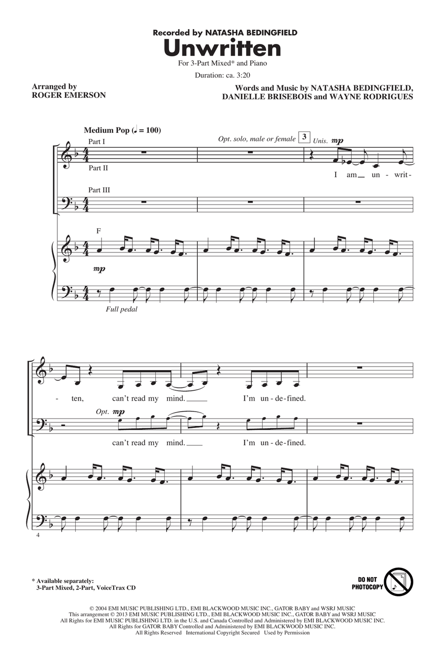Unwritten (arr. Roger Emerson) 3-Part scores gallery preview page 1