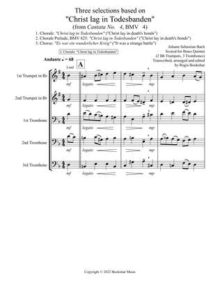 Book cover for Three selections based on "Christ lag in Todesbanden" (Brass Quintet - 2 Trp, 3 Trb)