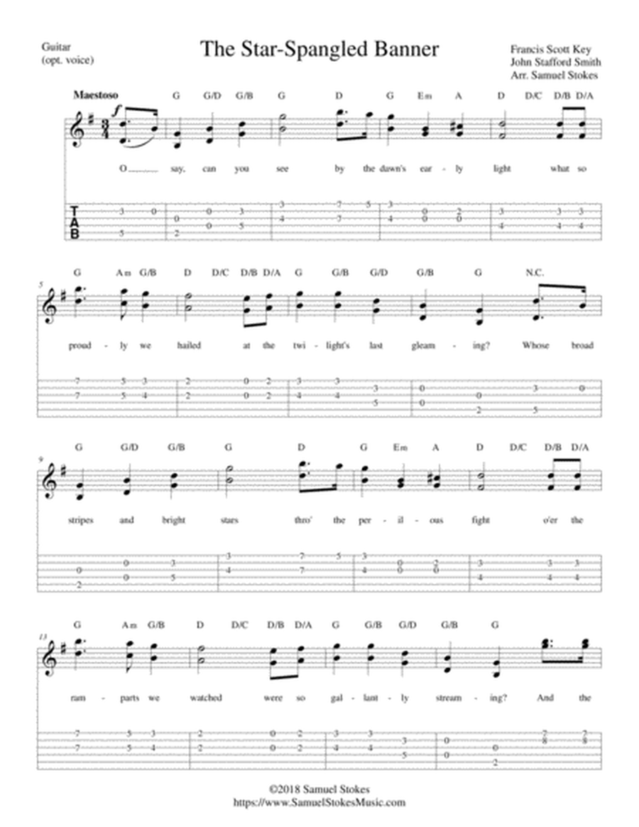 The Star-Spangled Banner - for guitar solo with TAB (optional voice) image number null