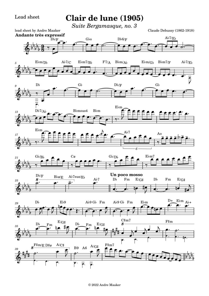 Claude Debussy - Clair de lune (Moonlight) - lead sheet