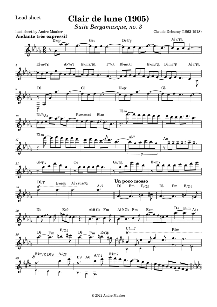 Claude Debussy - Clair de lune (Moonlight) - lead sheet Piano scores gallery preview page 1