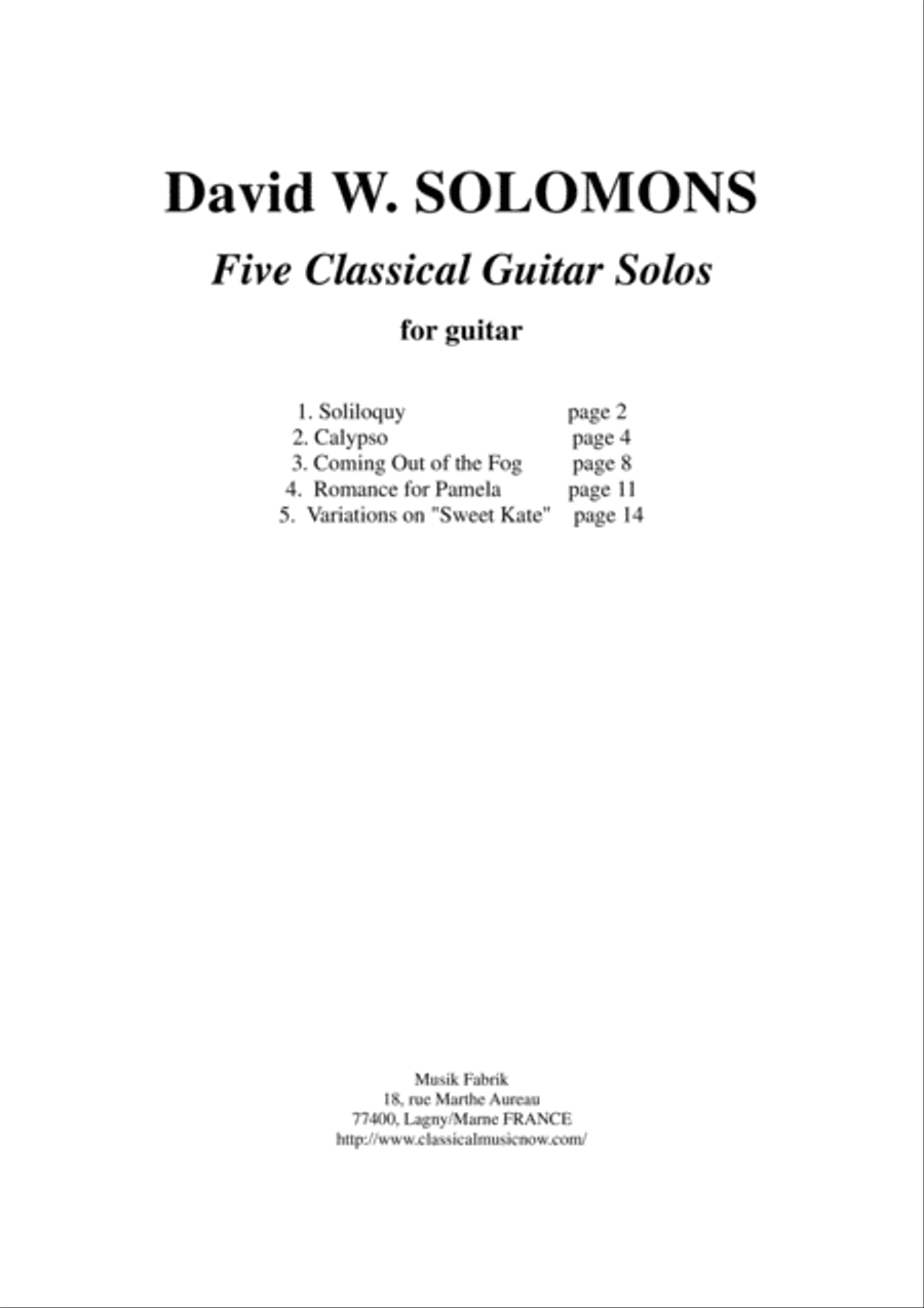 David W. Solomons: Five Classical Guitar Solos for guitar Acoustic Guitar scores gallery preview page 1