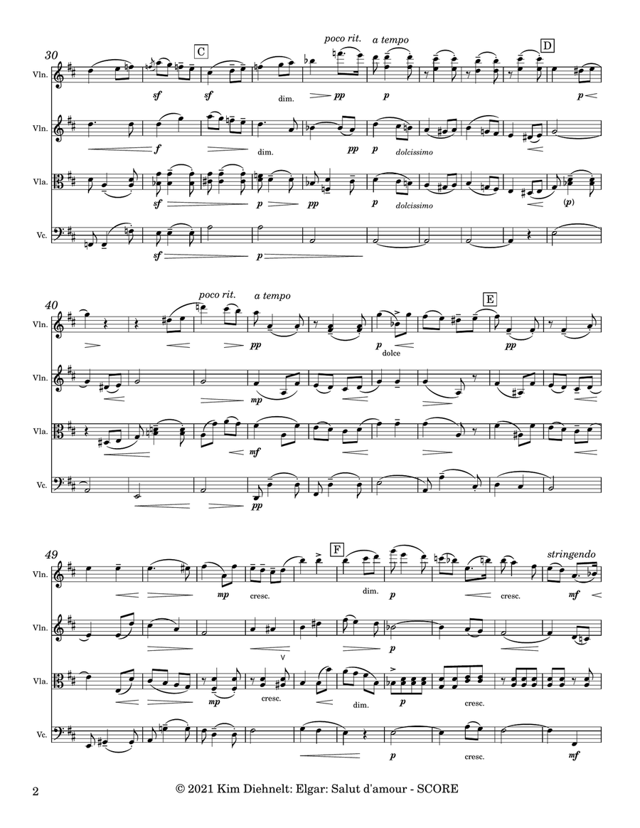 Elgar: Salut d’amour (Arr. Diehnelt, for String Quartet) String Quartet scores gallery preview page 3